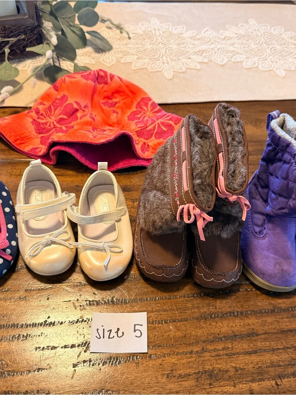 Set of Girls Hats and Shoes - Pink, Red, Cream, Mint